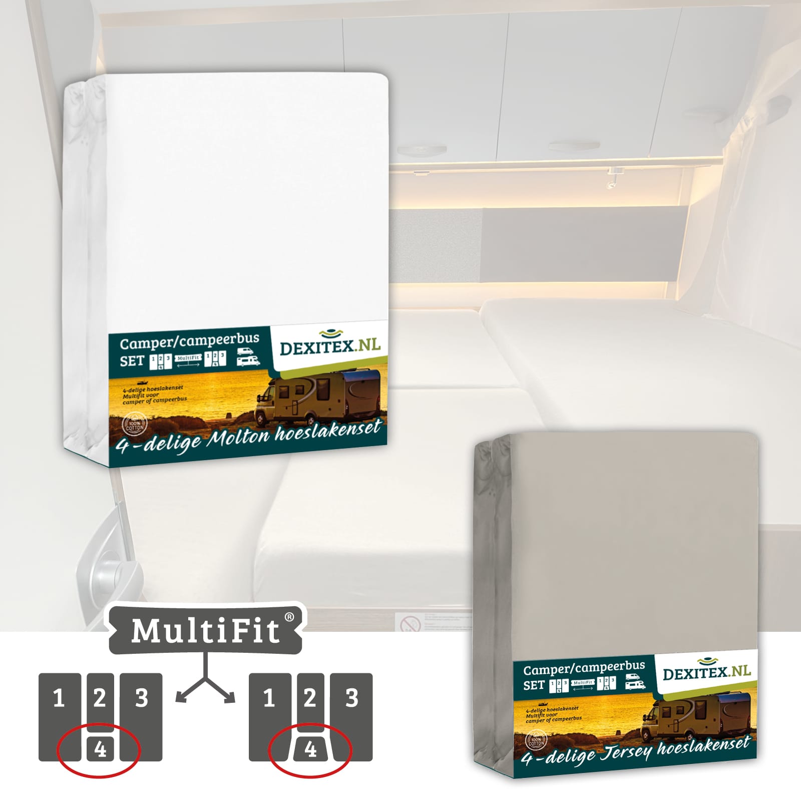 Textile package 4-piece with middle mattress - 1 fitted sheet set (4-piece) and 1 molton set (4-piece)