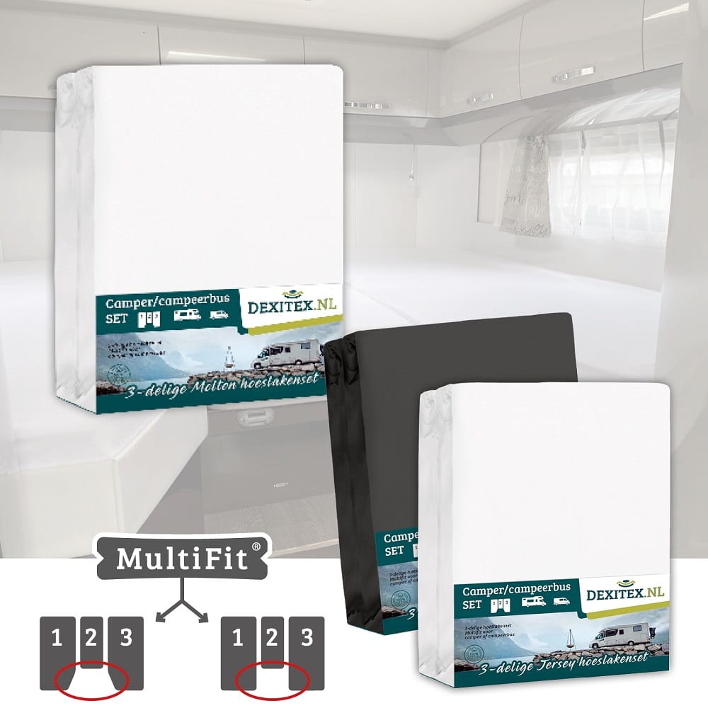 Textile package Camper length beds with center mattress - 2 fitted sheet sets (3 pieces) and 1 molton set (3 pieces)