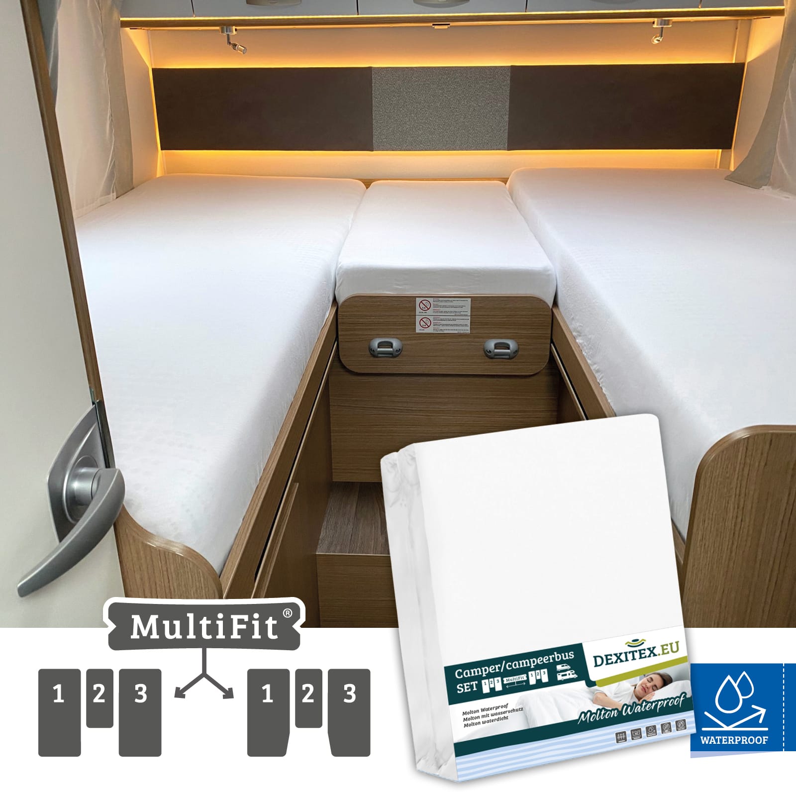 Waterproof molton fitted sheet set - 3-piece with center mattress